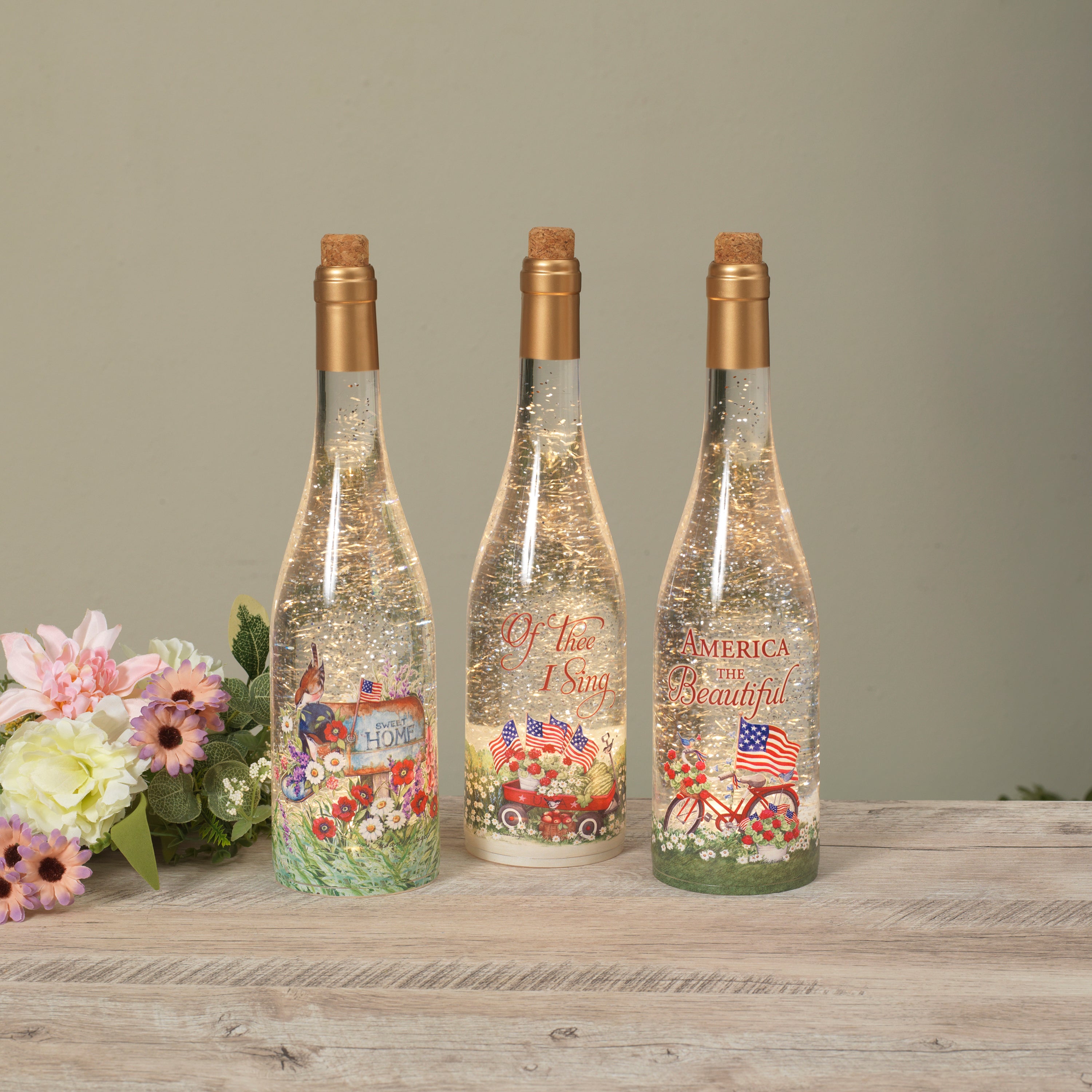 12.5 Inch Lighted Spinning Water Globe Bottles with Americana Design and Timer Set of 3